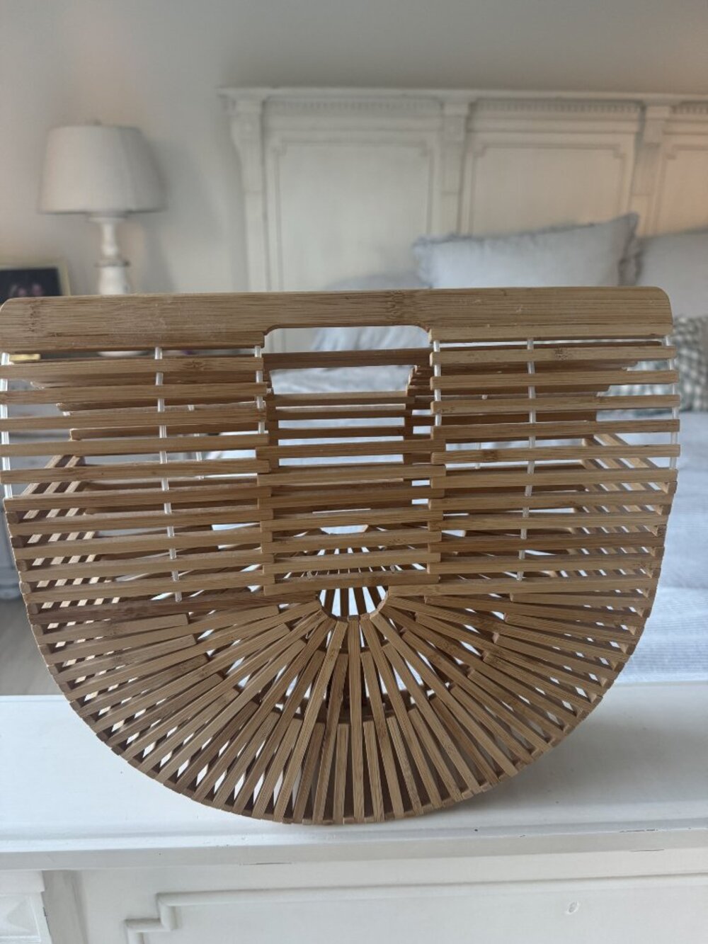Ark-Style Natural Bamboo Half Moon Cage Top Handle Handbag